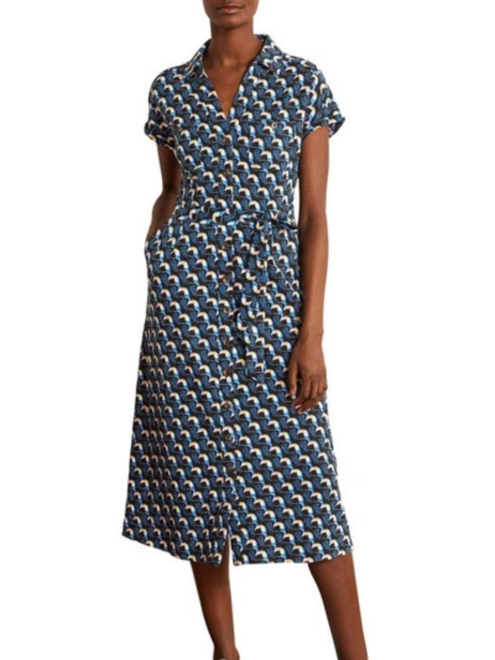 Boden Thomasina Jersey Shirtdress Toucan Tile Sz 12 Belt Blue Pockets